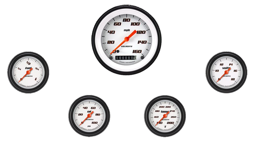 VS100WBLF - Classic Instruments Velocity White Series 5 gauge set Speedometer Fuel Oil Pressure Temperature Volt