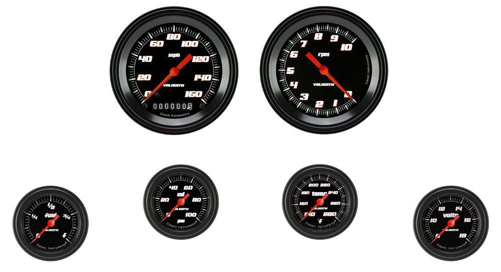 VS101BBLF - Classic Instruments Velocity Black Series 6 gauge set Speedometer Tachometer Fuel Oil Pressure Temperature Volt