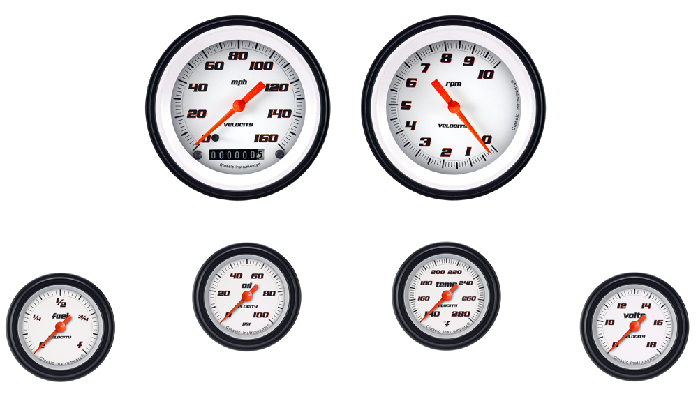 VS101WBLF - Classic Instruments Velocity White Series 6 gauge set Speedometer Tachometer Fuel Oil Pressure Temperature Volt