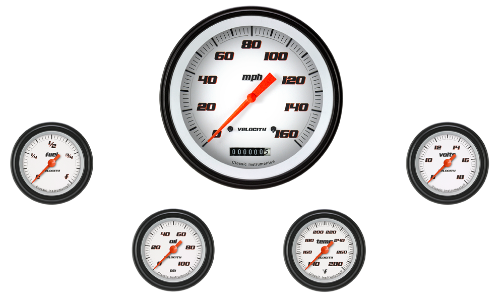 VS154WBLF - Classic Instruments Velocity White Series 5 gauge set Speedometer Fuel Oil Pressure Temperature Volt