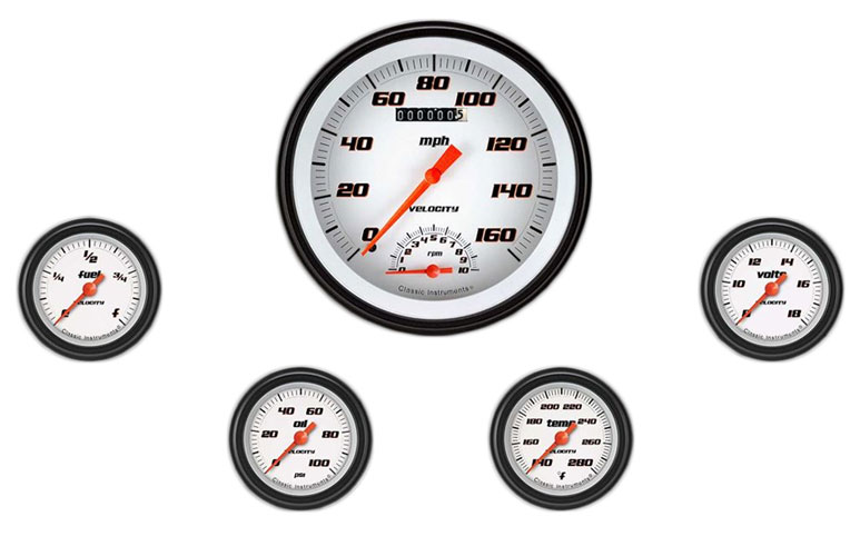 VS165WBLF - Classic Instruments Velocity White Series 5 gauge set Speedtachular Fuel Oil Pressure Temperature Volt