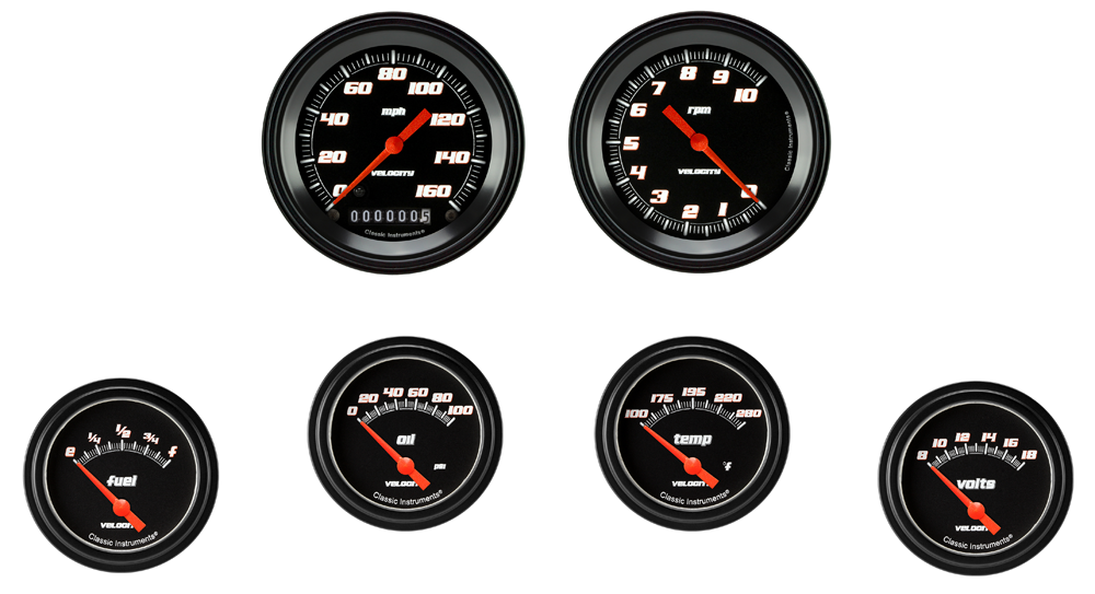 VS201BBLF - Classic Instruments Velocity Black Series 6 gauge set Speedometer Tachometer Fuel Oil Pressure Temperature Volt