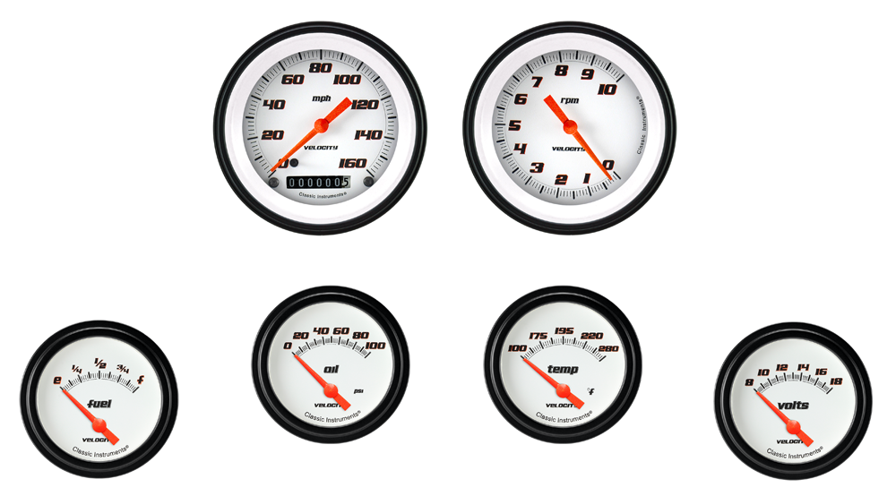 VS201WBLF - Classic Instruments Velocity White Series 6 gauge set Speedometer Tachometer Fuel Oil Pressure Temperature Volt