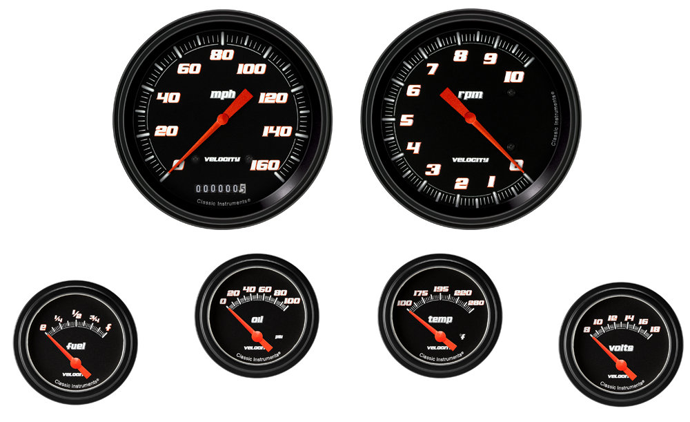 VS251BBLF - Classic Instruments Velocity Black Series 6 gauge set Speedometer Tachometer Fuel Oil Pressure Temperature Volt