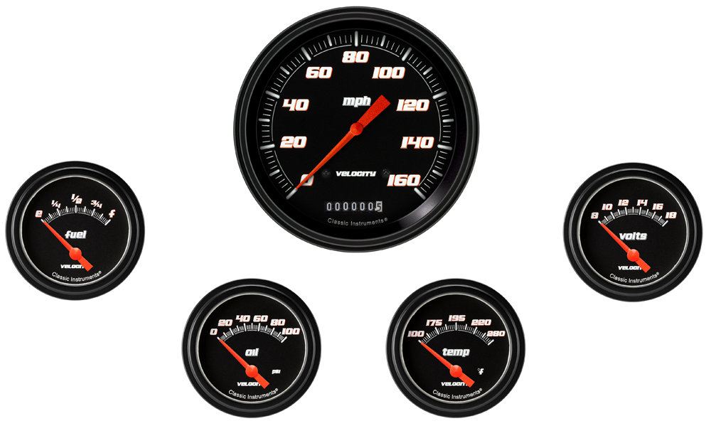 VS254BBLF - Classic Instruments Velocity Black Series 5 gauge set Speedometer Fuel Oil Pressure Temperature Volt