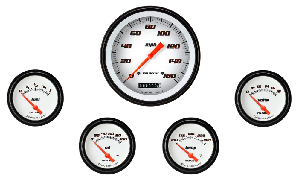 VS254WBLF - Classic Instruments Velocity White Series 5 gauge set Speedometer Fuel Oil Pressure Temperature Volt