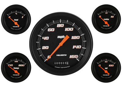 VS54BBLF - Classic Instruments Velocity Black Series 5 gauge set Speedometer Fuel Temperature Volt Oil