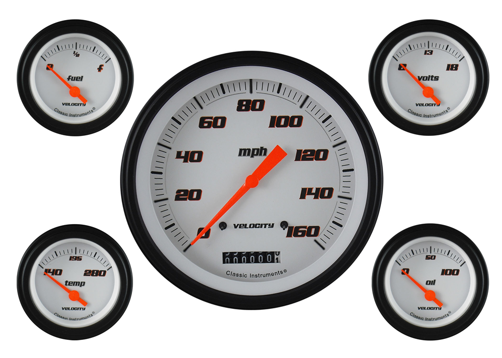 VS54WBLF - Classic Instruments Velocity White Series 5 gauge set Speedometer Fuel Temperature Volt Oil