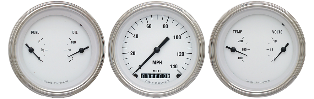 WH04SLF - Classic Instruments White Hot 3 gauge set Speedometer Fuel-Oil Temp-Volt