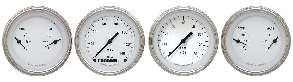 WH05SLF - Classic Instruments White Hot 4 gauge set Speedometer Tachometer Fuel-Oil Temp-Volt