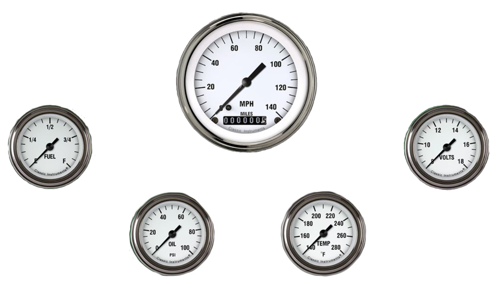 WH100SLF - Classic Instruments White Hot 5 gauge set Speedometer Fuel Oil Pressure Temperature Volt