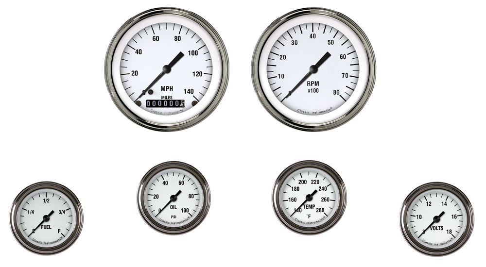 WH101SLF - Classic Instruments White Hot 6 gauge set Speedometer Tachometer Fuel Oil Pressure Temperature Volt