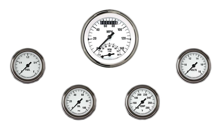 WH135SLF - Classic Instruments White Hot 5 gauge set Ultimate Speedometer Fuel Temperature Volt Oil