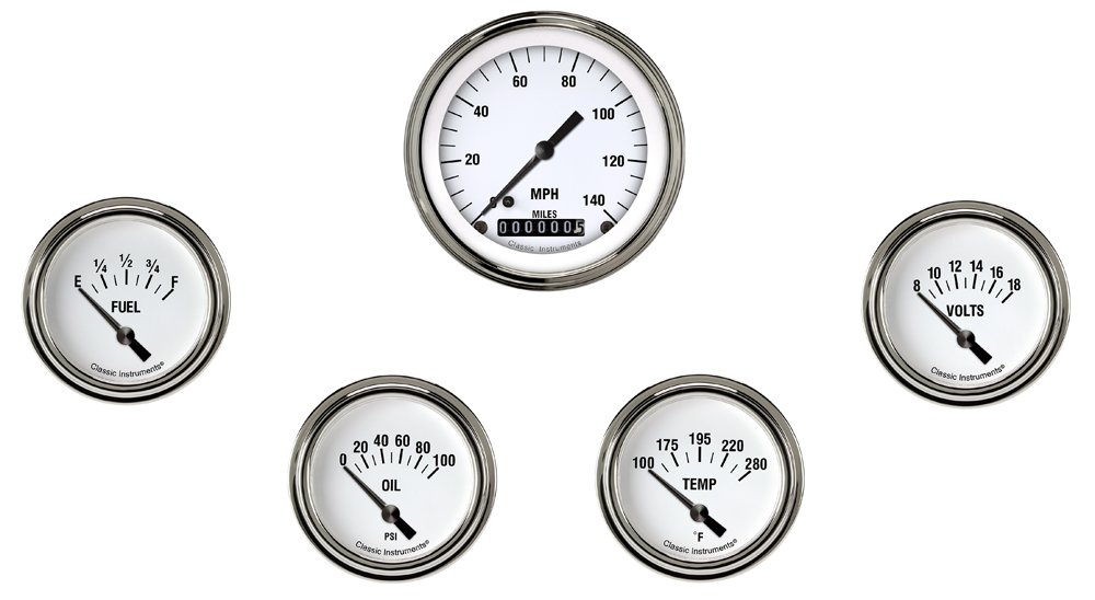 WH200SLF - Classic Instruments White Hot 5 gauge set Speedometer Fuel Oil Pressure Temperature Volt