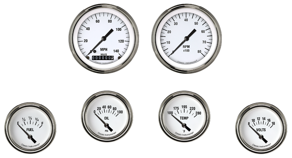 WH201SLF - Classic Instruments White Hot 6 gauge set Speedometer Tachometer Fuel Oil Pressure Temperature Volt