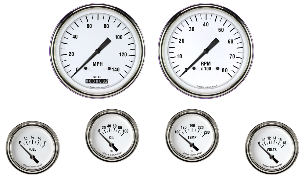 WH251SLF - Classic Instruments White Hot 6 gauge set Speedometer Tachometer Fuel Oil Pressure Temperature Volt