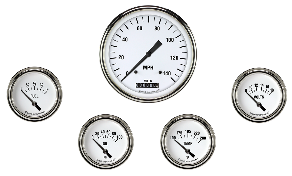 WH254SLF - Classic Instruments White Hot 5 gauge set Speedometer Fuel Oil Pressure Temperature Volt