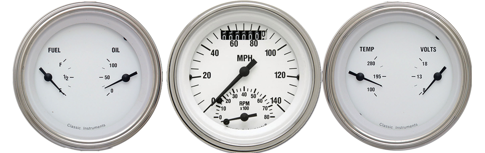 WH34SLF - Classic Instruments White Hot 3 gauge set Ultimate-Speedometer Fuel-Oil Temp-Volt