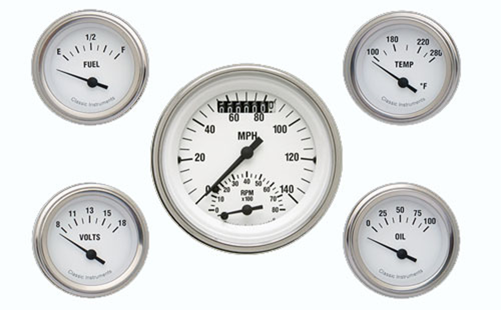 WH35SLF - Classic Instruments White Hot 5 gauge set Ultimate-Speedometer Fuel Temperature Volt Oil