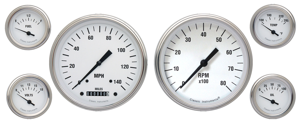 WH51SLF - Classic Instruments White Hot 6 Gauge Set Speedometer Tachometer Fuel Temperature Volt Oil