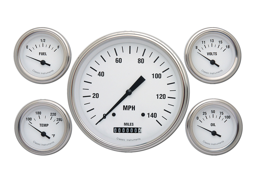 WH54SLF - Classic Instruments White Hot 5 gauge set Speedometer Fuel Temperature Volt Oil