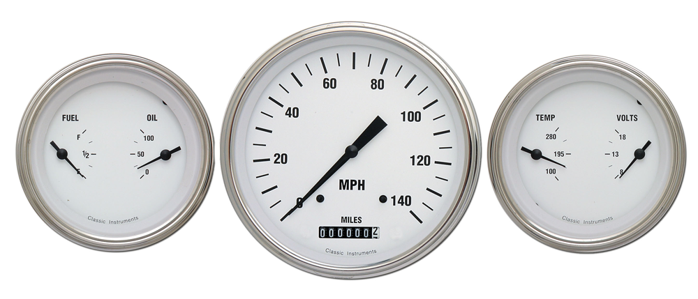 WH64SLF - Classic Instruments White Hot 3 gauge set Speedometer and Fuel-Oil Temp-Volt