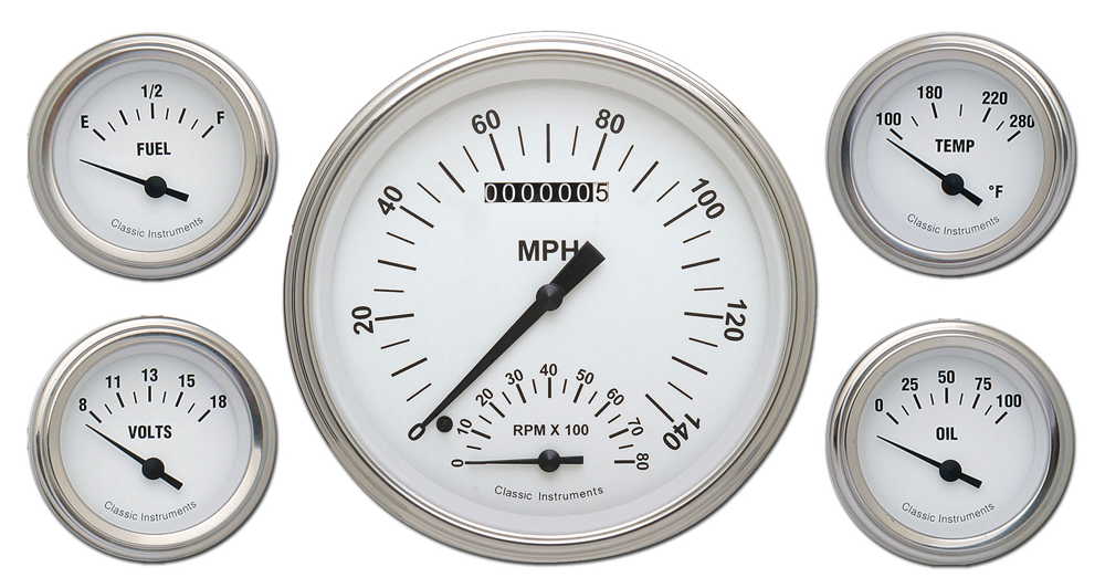 WH65SLF - Classic Instruments White Hot 5 gauge set Speedtachular Fuel Temperature Volt Oil